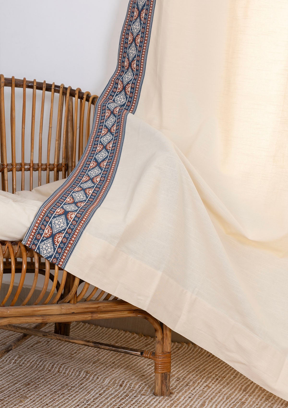 Tara Cream 100% Cotton Curtain with Trim for living room & bedroom - Light Reduction - Cream - Single Piece