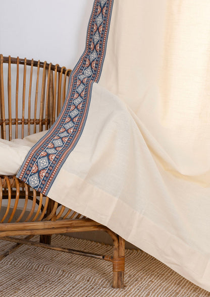 Tara Cream 100% Cotton Curtain with Trim for living room & bedroom - Light Reduction - Cream - Single Piece