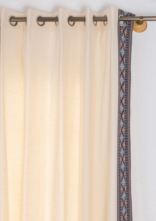 Tara Cream 100% Cotton Curtain with Trim for living room & bedroom - Light Reduction - Cream - Single Piece