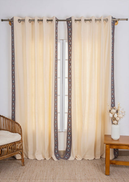 Tara Cream 100% Cotton Curtain with Trim for living room & bedroom - Light Reduction - Cream - Single Piece