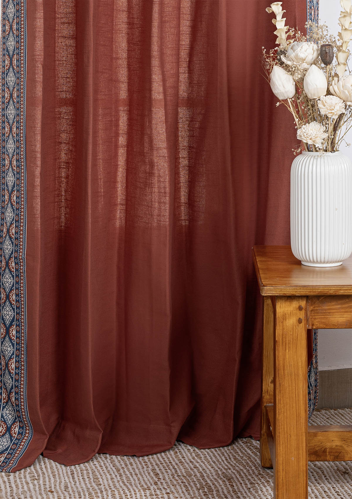Tara Brick Red 100% Cotton Curtain with Trim for living room & bedroom - Room Darkening - Brick Red - Single Piece
