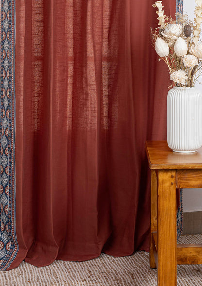 Tara Brick Red 100% Cotton Curtain with Trim for living room & bedroom - Room Darkening - Brick Red - Single Piece