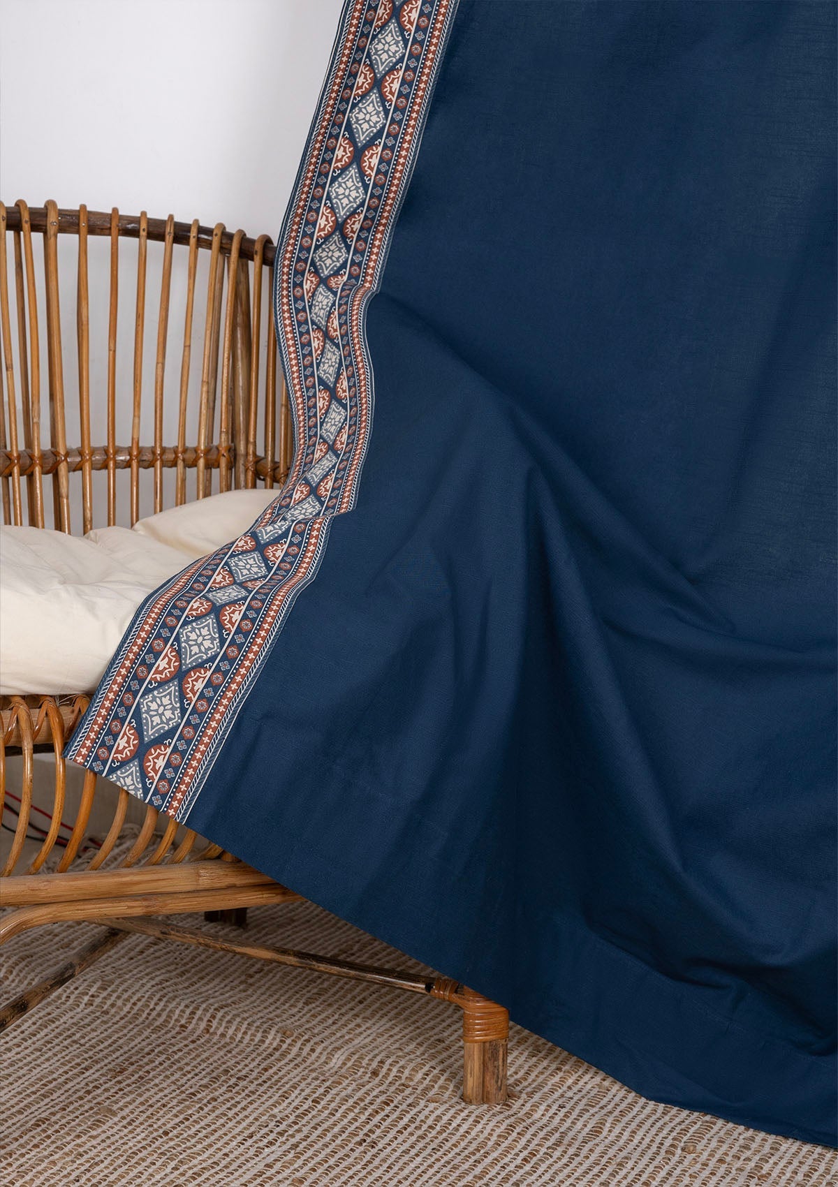 Tara Indigo 100% Cotton Curtain with Trim for living room & bedroom - Room Darkening - Indigo - Single Piece