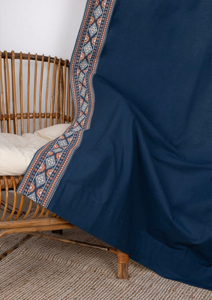 Tara Indigo 100% Cotton Curtain with Trim for living room & bedroom - Room Darkening - Indigo - Single Piece