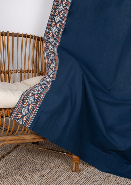 Tara Indigo 100% Cotton Curtain with Trim for living room & bedroom - Room Darkening - Indigo - Single Piece