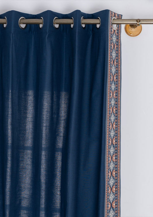 Tara Indigo 100% Cotton Curtain with Trim for living room & bedroom - Room Darkening - Indigo - Single Piece