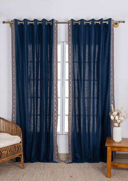 Tara Indigo 100% Cotton Curtain with Trim for living room & bedroom - Room Darkening - Indigo - Single Piece