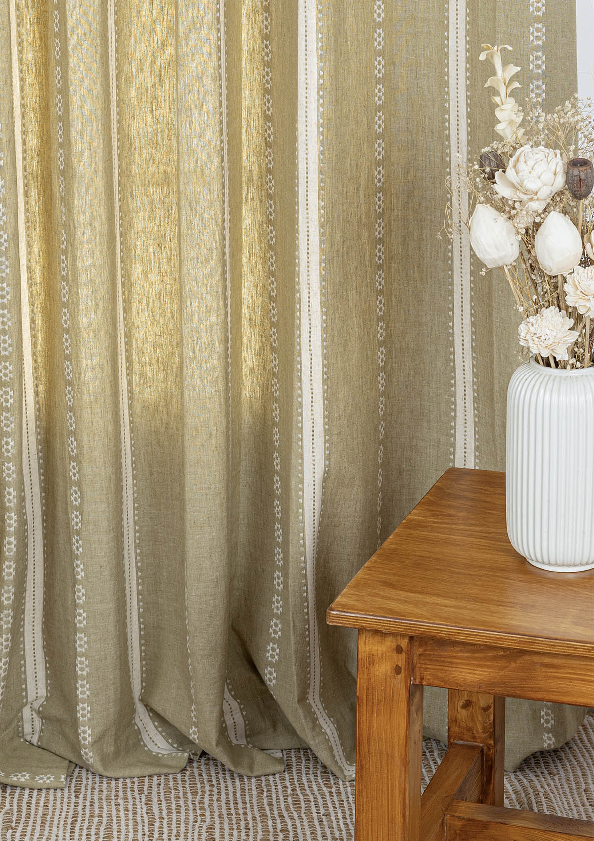 Bhumi linen cotton blend ethnic textured curtain for living room - Light reduction - Green - Single piece