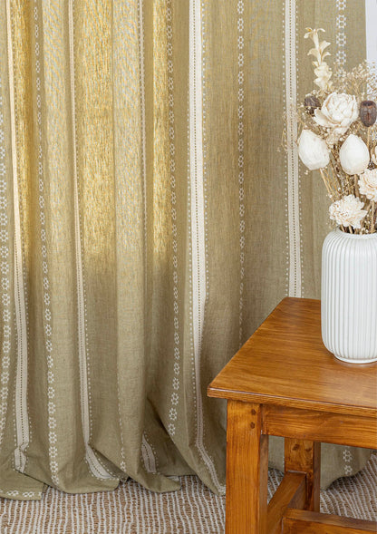 Bhumi linen cotton blend ethnic textured curtain for living room - Light reduction - Green - Single piece