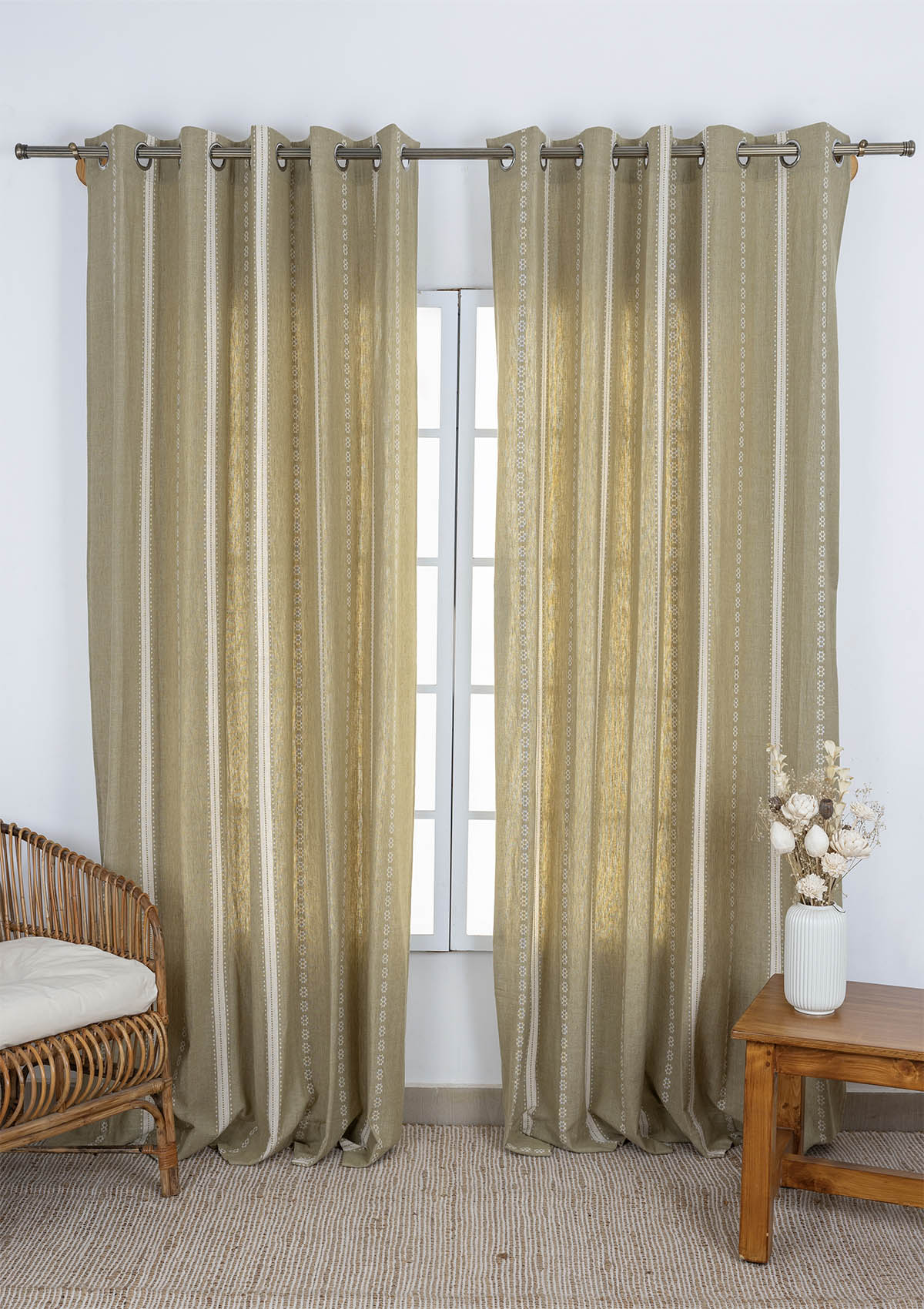 Bhumi linen cotton blend ethnic textured curtain for living room - Light reduction - Green - Single piece