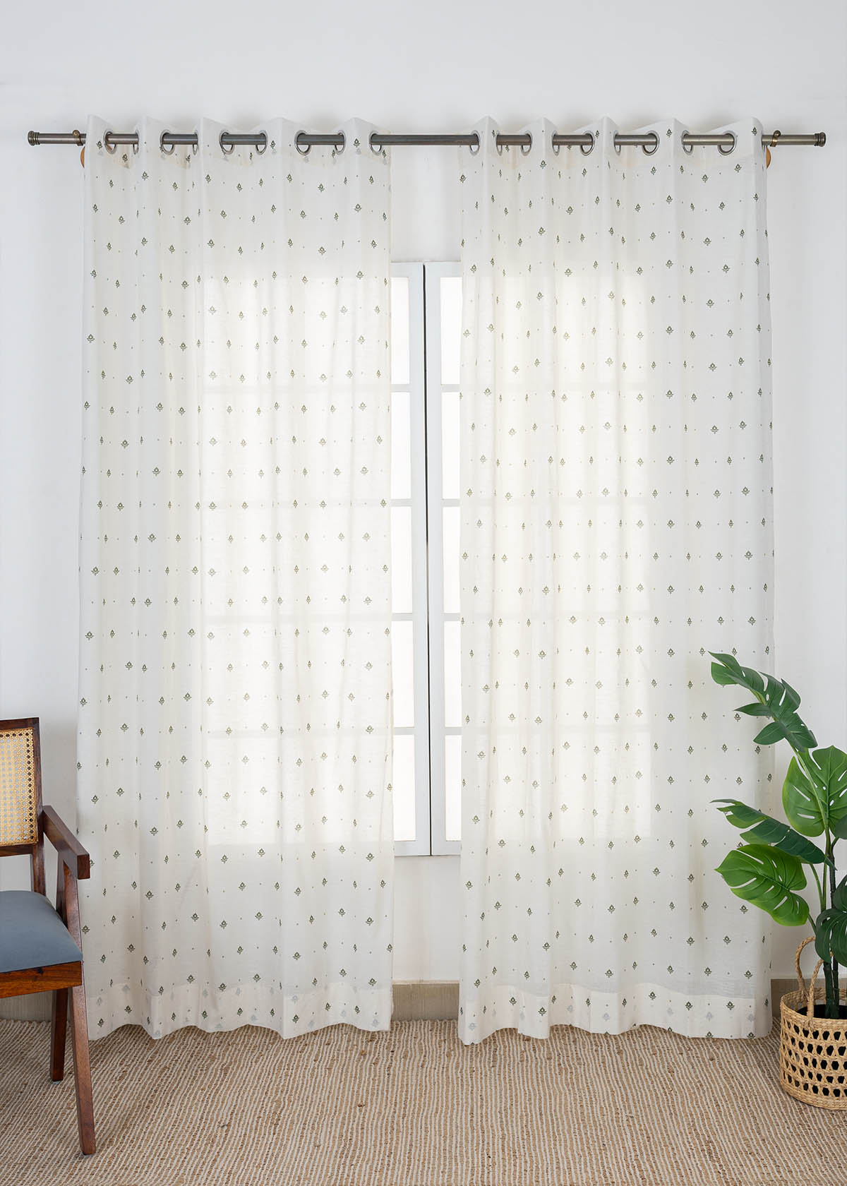 Cava Pepper Green Minimal 100% Cotton Sheer Printed Curtain For Livingroom / Bedroom | Light Filtering | Single Piece