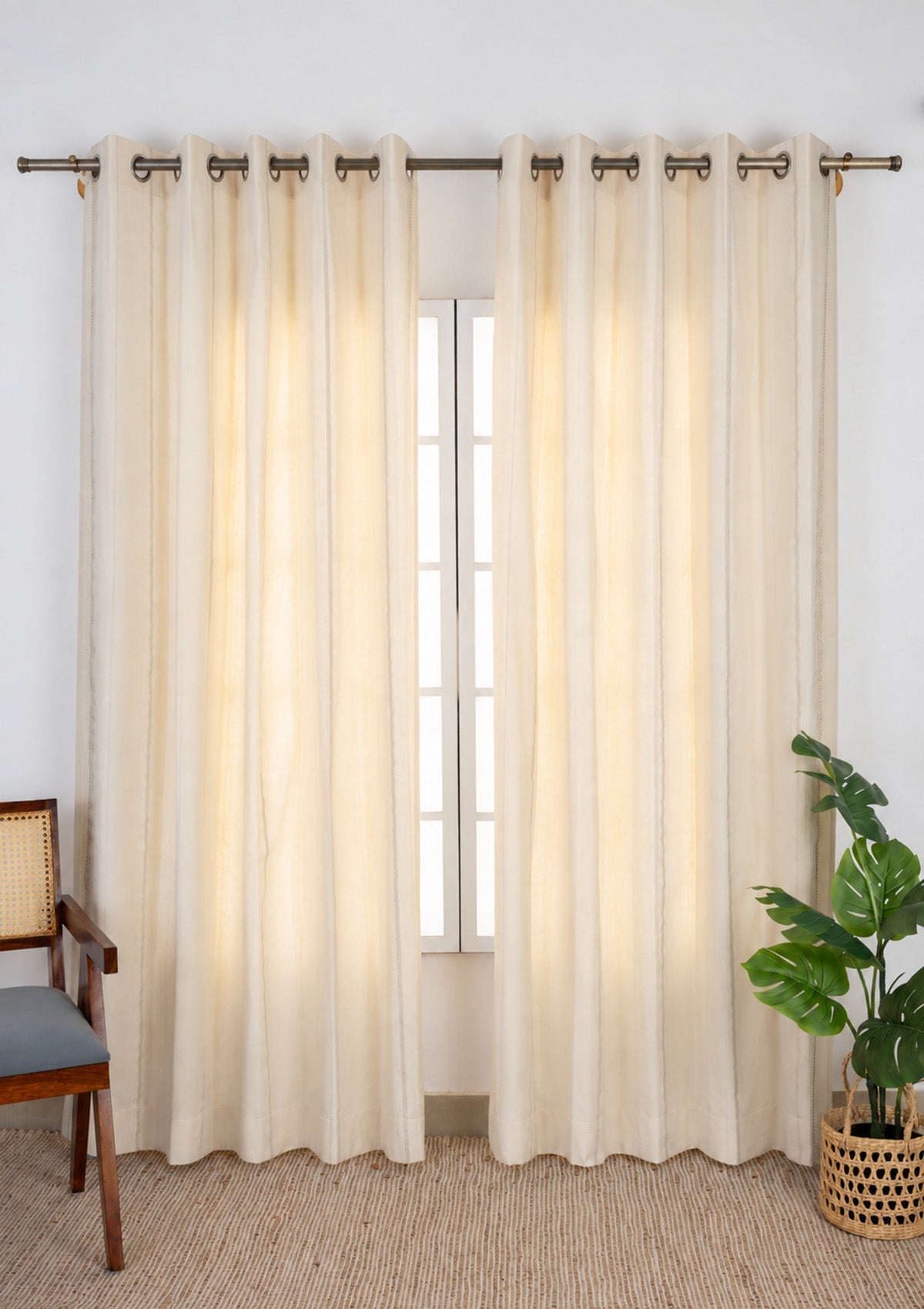 Daaram Gold & Beige Neutral Cotton Zari Blend Textured Curtain For Livingroom / Bedroom | Light Reduction | Single Piece