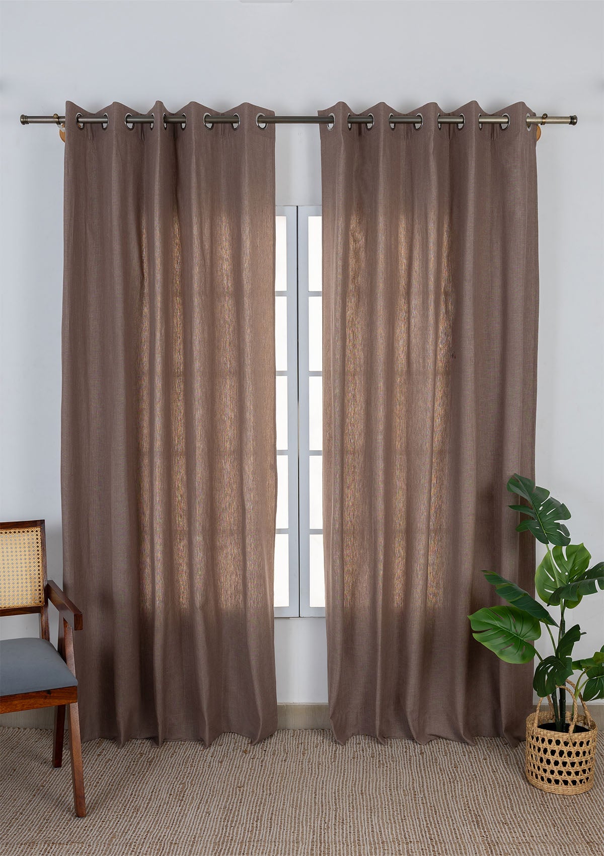 Fig Brown Solid Linen Cotton Blend Textured Curtain For Livingroom / Bedroom | Room Darkening | Single Piece