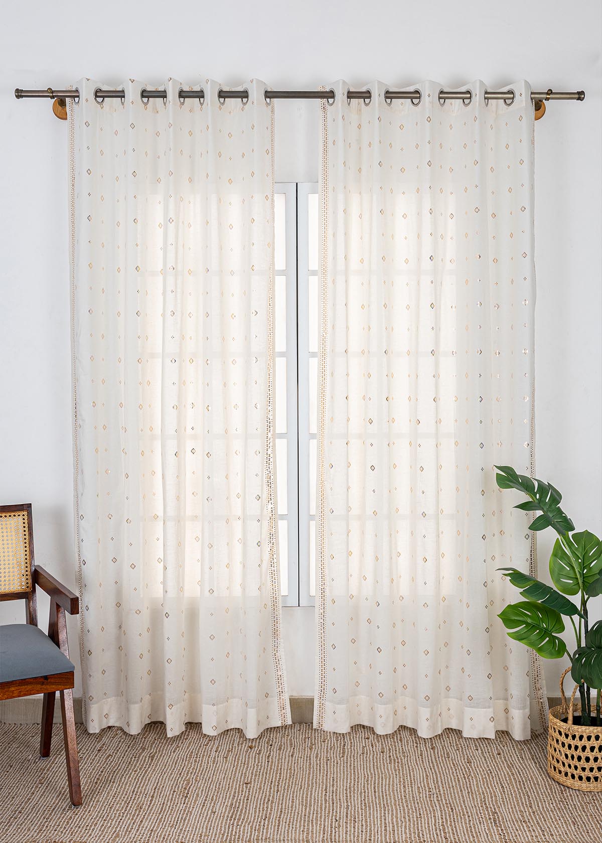 Kani Copper Beige Geometric 100% Cotton Sheer Printed Curtain For Livingroom / Bedroom | Light Filtering | Single Piece
