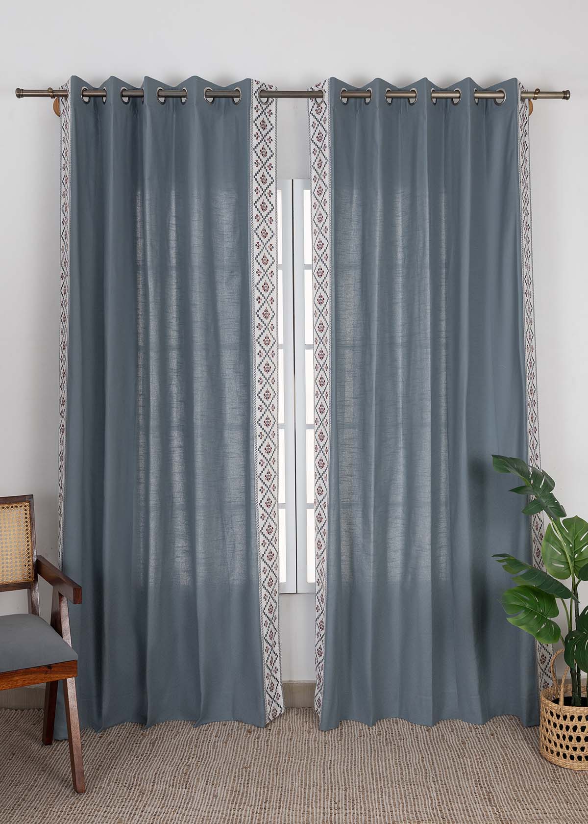 Ketaki Mist Blue & Pink Geometric 100% Cotton Embroidered Curtain For Livingroom / Bedroom | Room Darkening | Single Piece