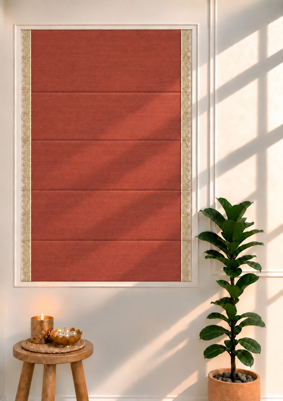 Kinari Brick Red & Gold Ethnic 100% Cotton Textured Blind For Livingroom / Bedroom | Room Darkening