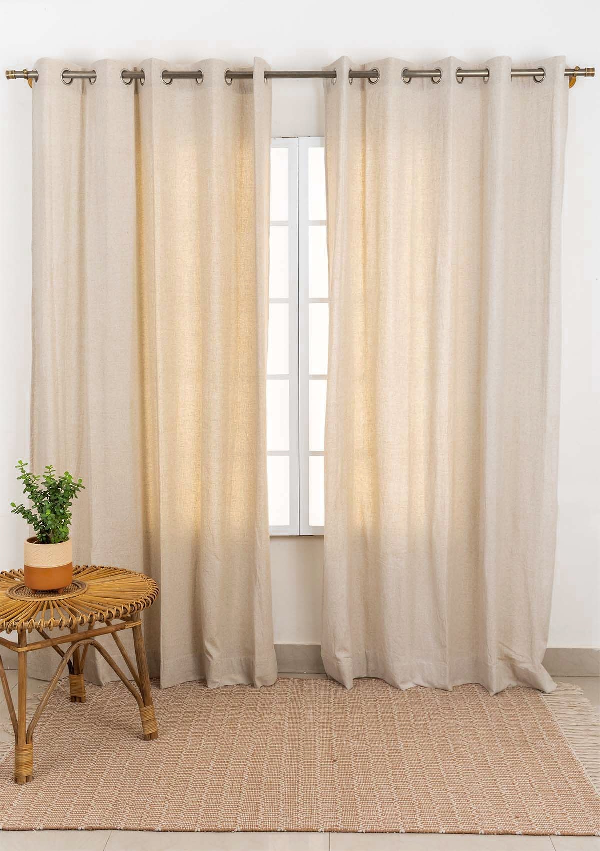 Solid Linen Cotton Blend textured curtain for Living room & bedroom - Light Reduction - Beige  Single Piece