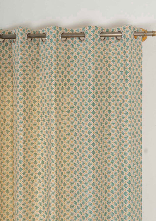 Yura 100% cotton geometric curtain for living room - Room darkening - Aqua blue - Single - Single Piece