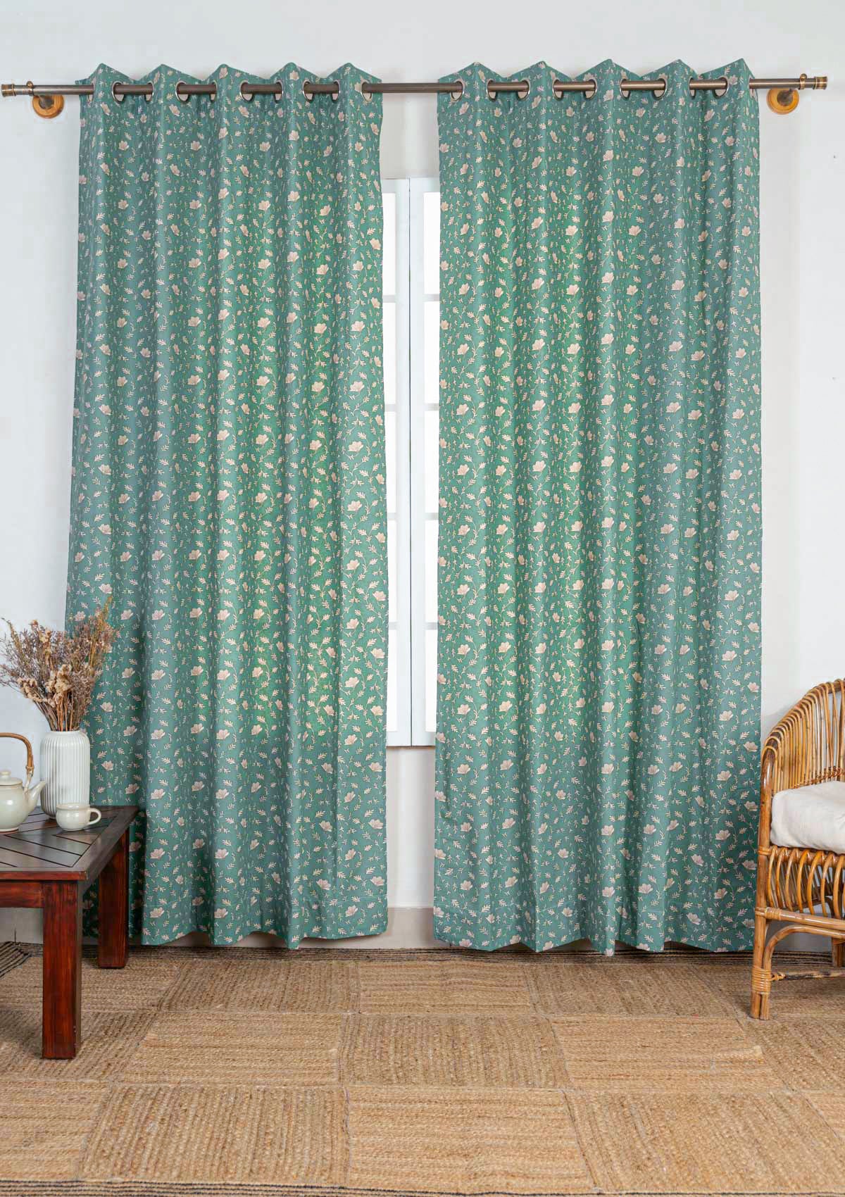 Eden aqua blue 100% cotton floral curtain for bed room - Room darkening - Single - Single Piece