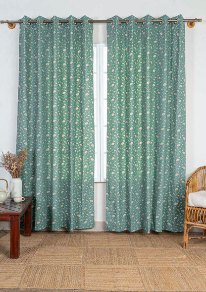 Eden aqua blue 100% cotton floral curtain for bed room - Room darkening - Single - Single Piece