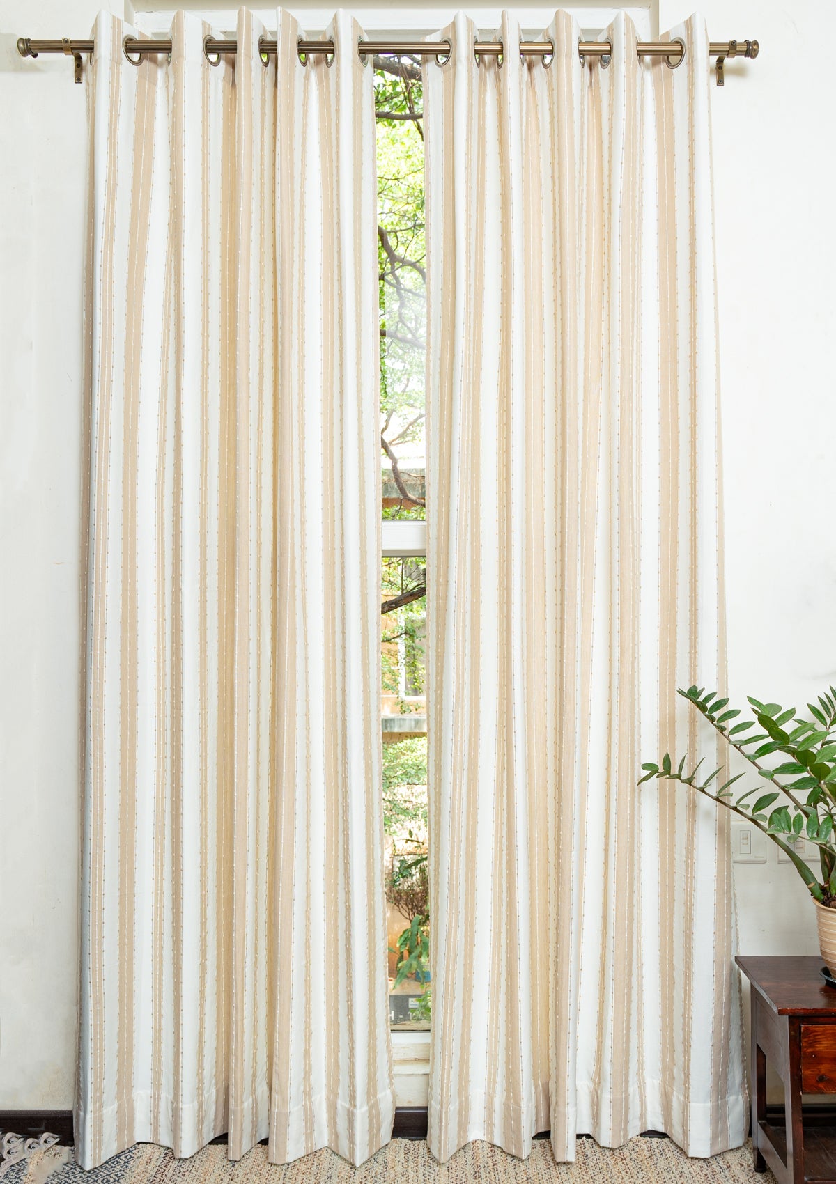Caramel 100% cotton geometric curtain for living room -Room darkening - Beige - Single Piece
