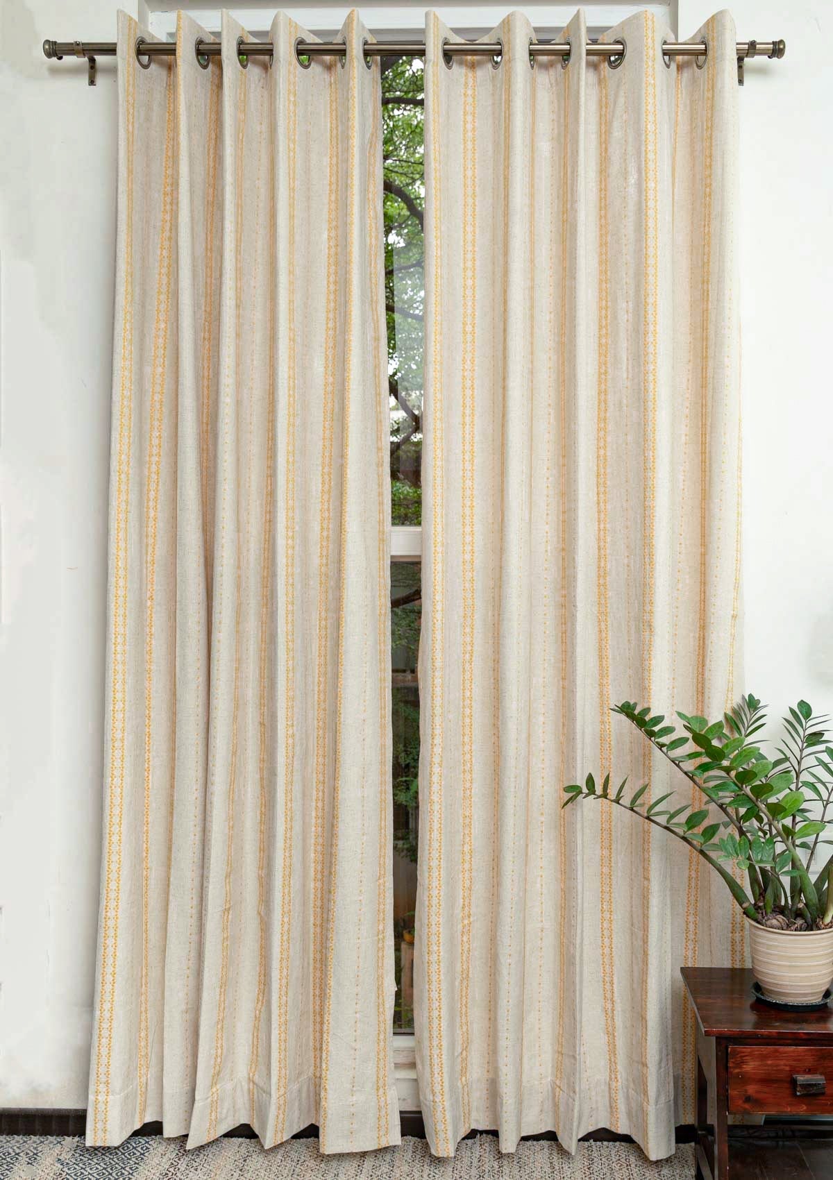 Aster Woven Textured Linen Fabric - Beige & Mustard