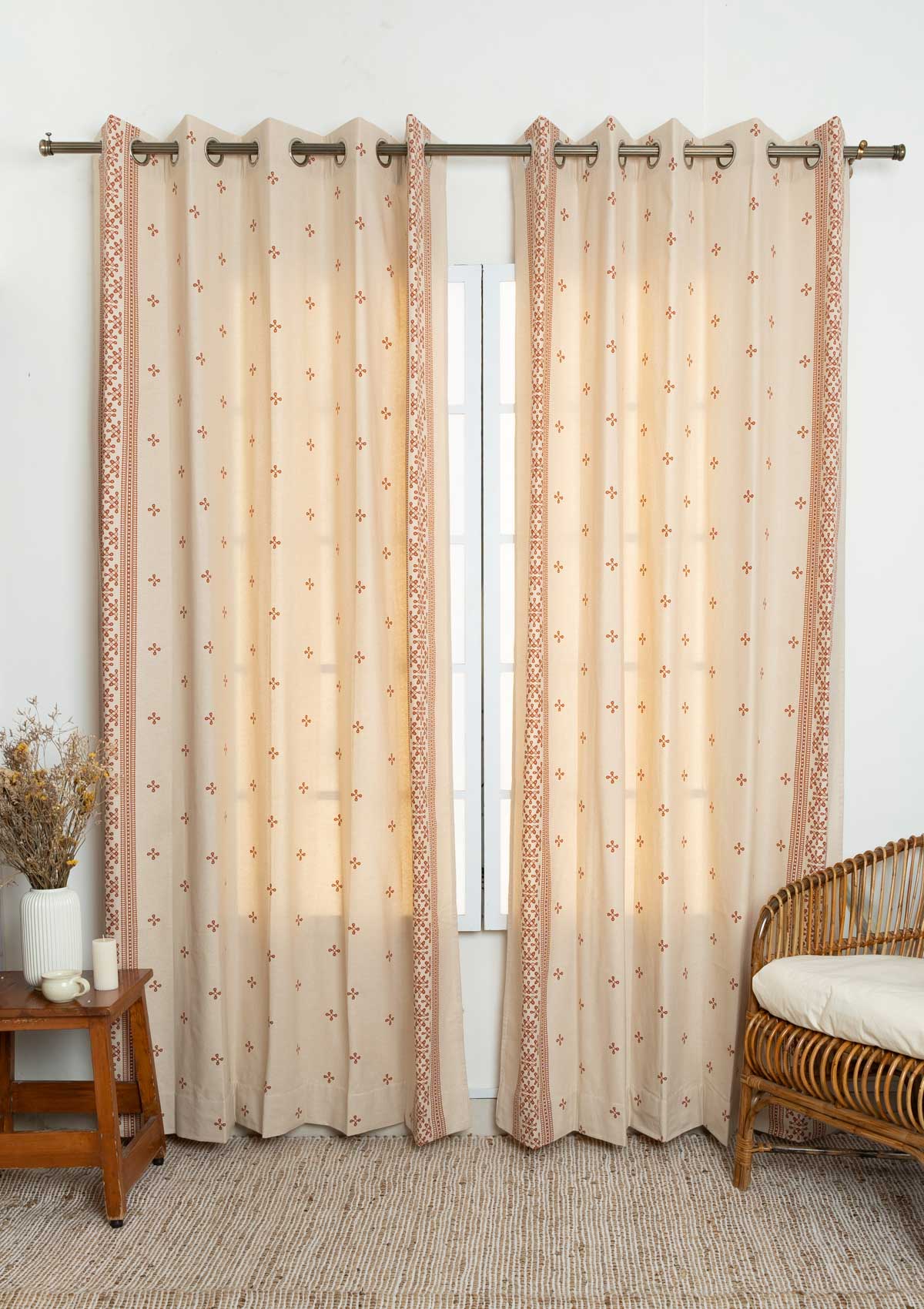 Kolam minimal Printed 100% Cotton Curtain for Living Room and Bedroom -  Brick red - Single Piece