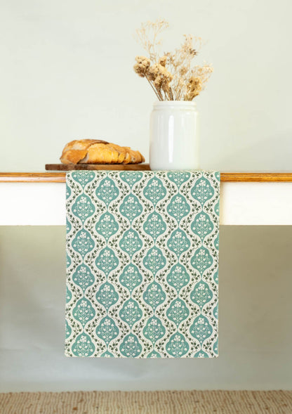 Mulbagal Geometric - Floral printed 100% Cotton Table Runner for 4 seater, 6 seater and 8 seater dining - Sage Green