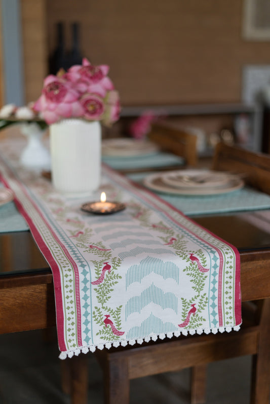 Mor 100% Cotton Table Runner with white Lace for 4 seater and 6 seater dining - Multicolor