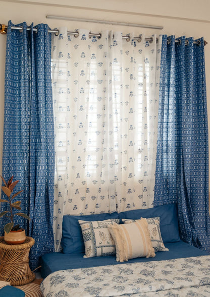 Meadows 100% cotton geometric curtain for bed room - Room darkening - Indigo - Single - Single Piece