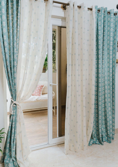 Sapling 100% Cotton Sheer floral curtain for Living room - Light filtering - Nile Blue - Single Piece