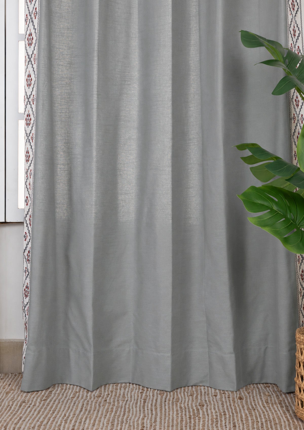 Ketaki Ultimate Grey & Blue Geometric 100% Cotton Embroidered Curtain For Livingroom / Bedroom | Room Darkening | Single Piece