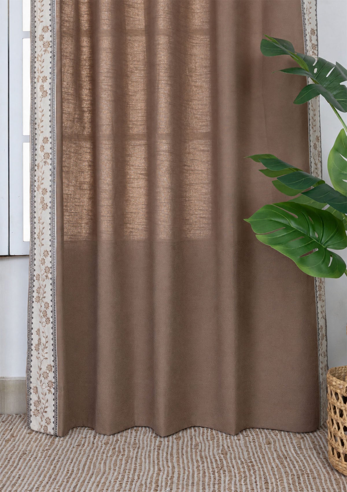 Mogra Chocolate Brown & Grey Floral 100% Cotton Embroidered Curtain For Livingroom / Bedroom | Room Darkening | Single Piece