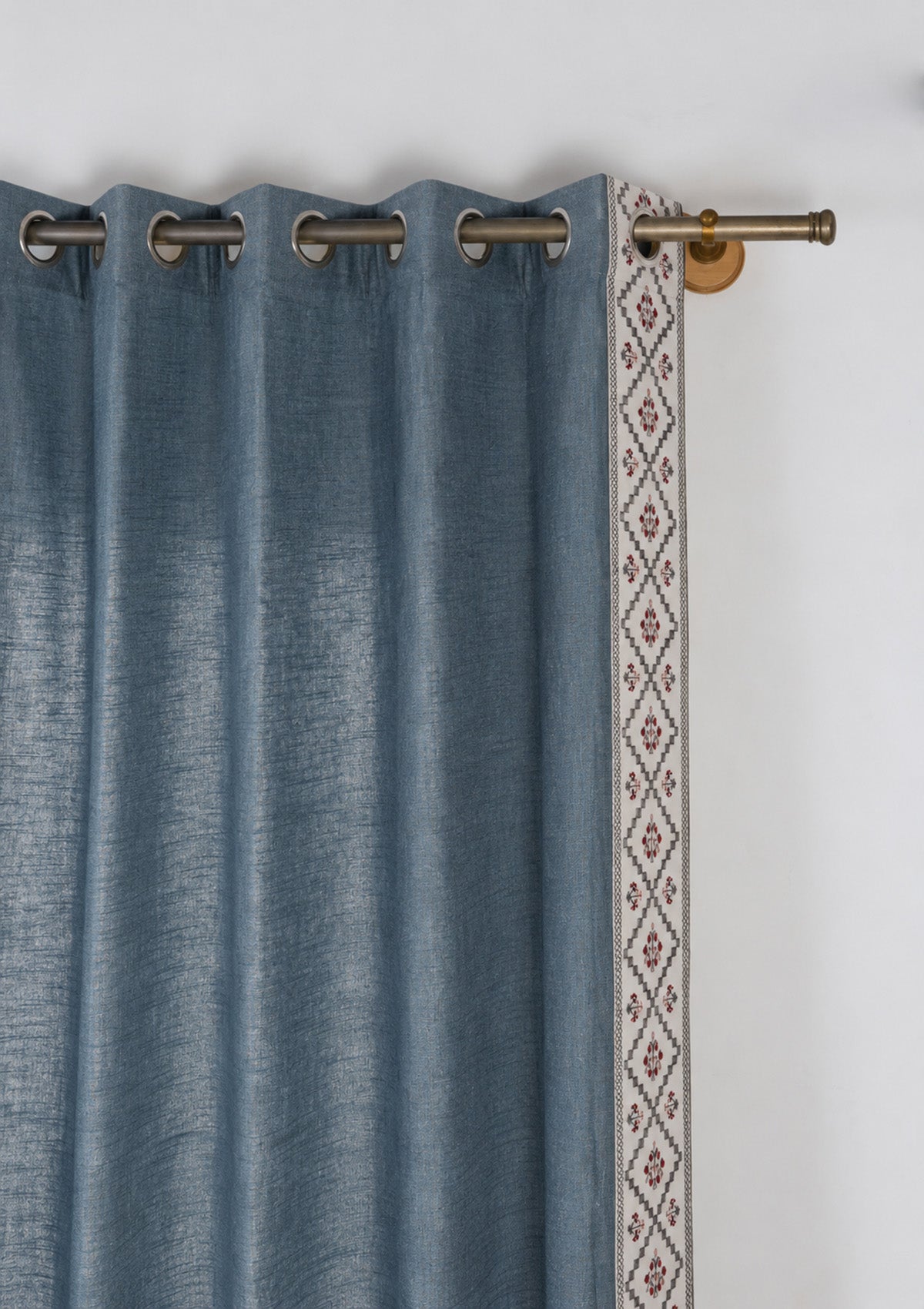 Ketaki Nilgiri Blue & Pink Geometric Linen Cotton Blend Embroidered Curtain For Livingroom / Bedroom | Room Darkening | Single Piece