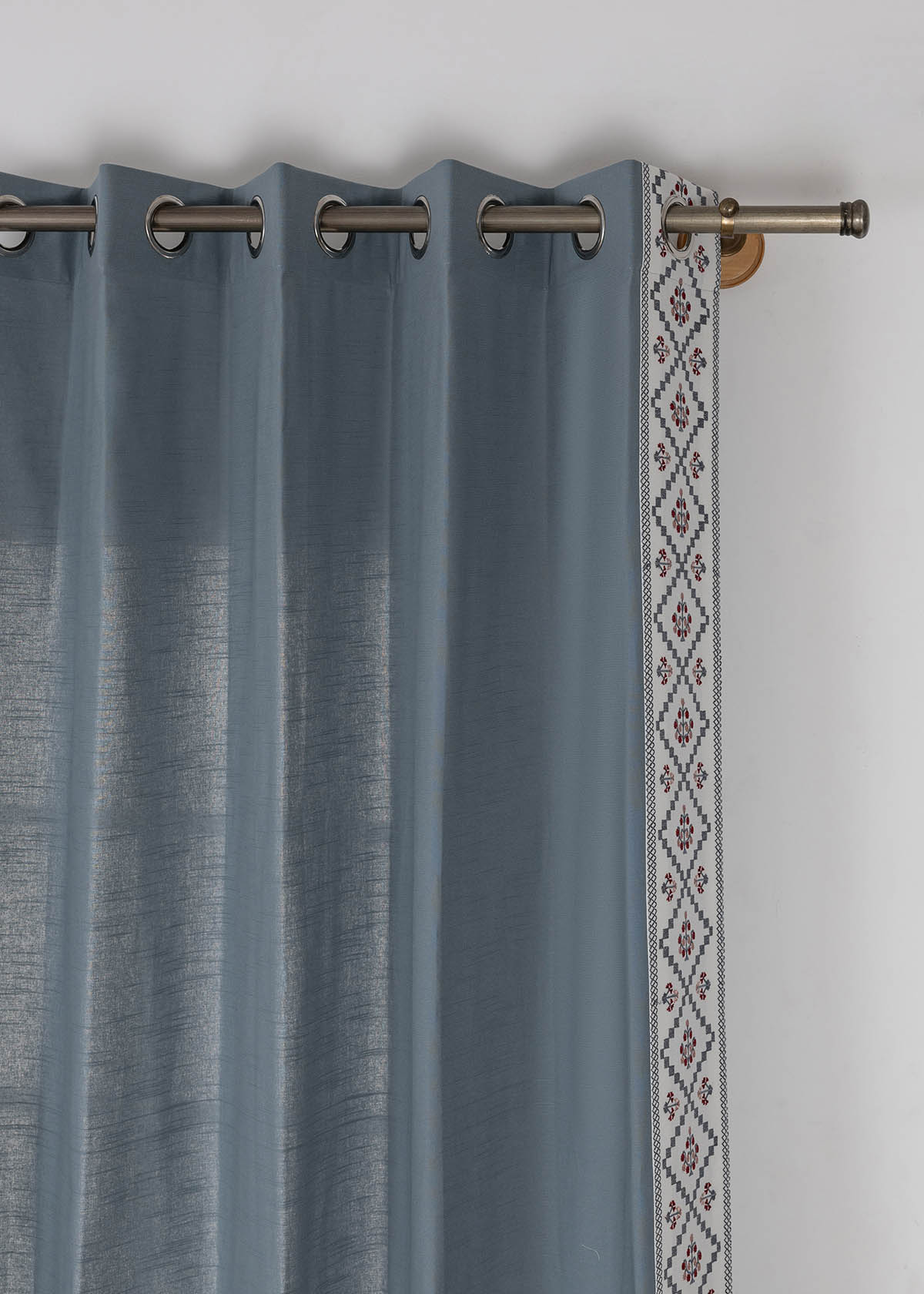 Ketaki Mist Blue & Pink Geometric 100% Cotton Embroidered Curtain For Livingroom / Bedroom | Room Darkening | Single Piece