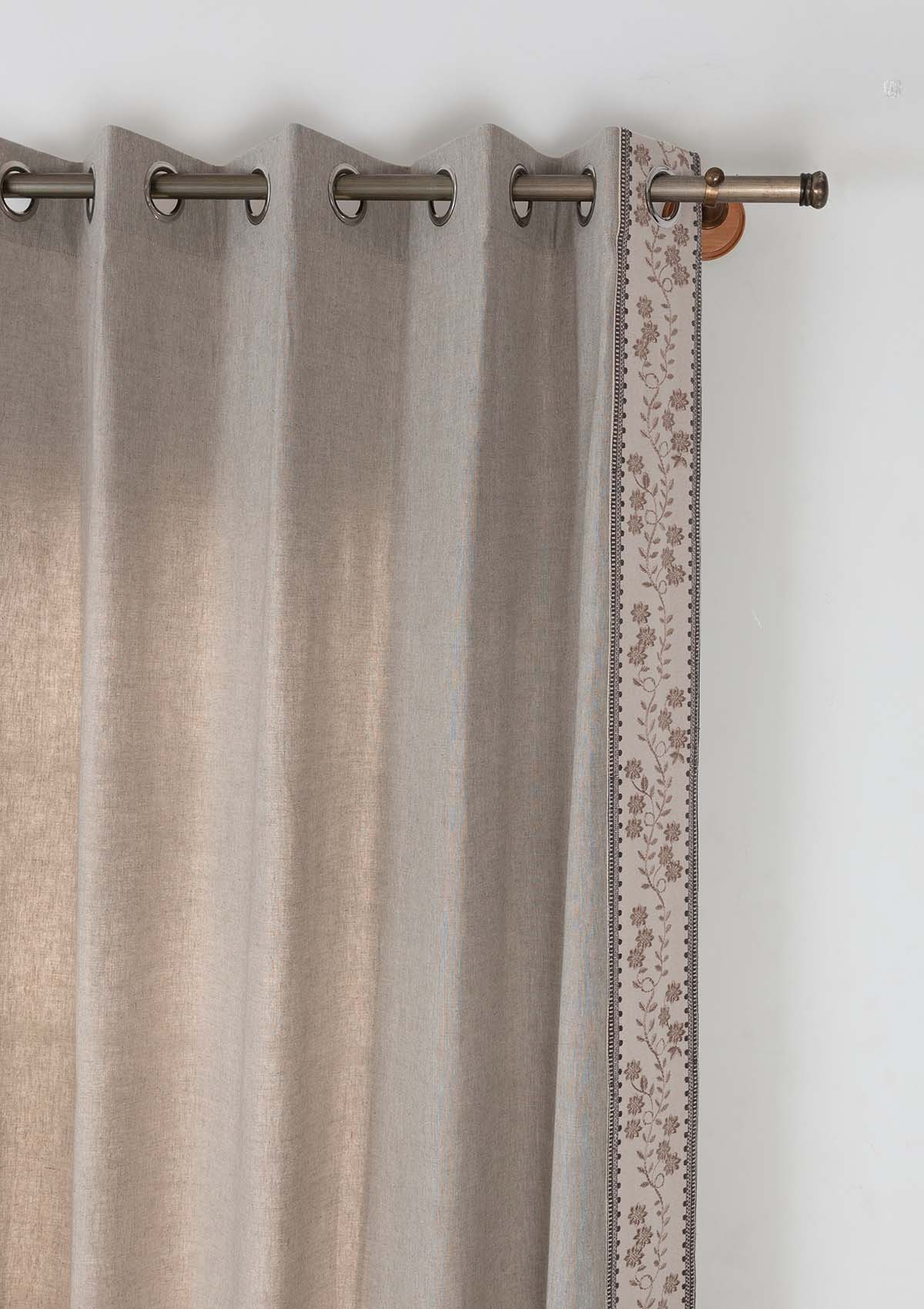 Mogra Elephant Grey & Brown Floral Linen Cotton Blend Embroidered Curtain For Livingroom / Bedroom | Room Darkening | Single Piece