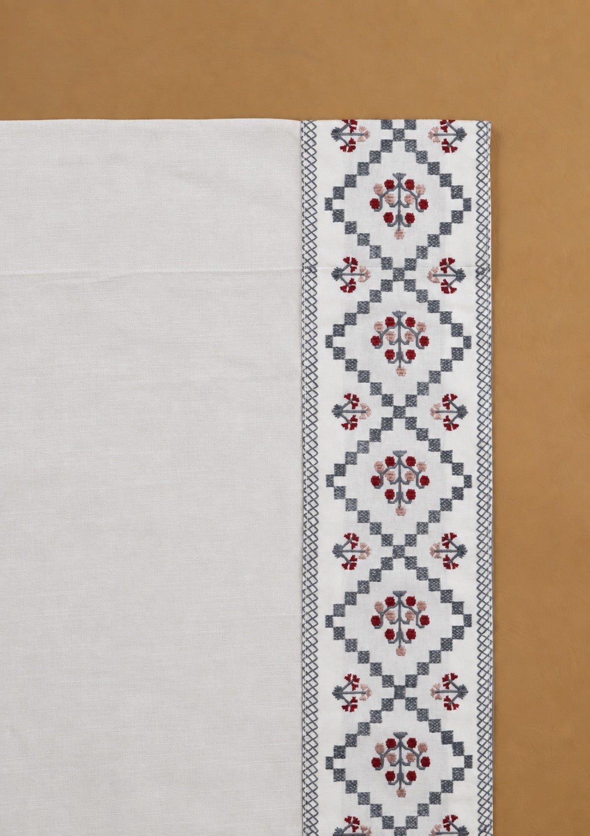 Ketaki White & Blue Geometric 100% Cotton Embroidered Curtain For Livingroom / Bedroom | Light Reduction | Single Piece
