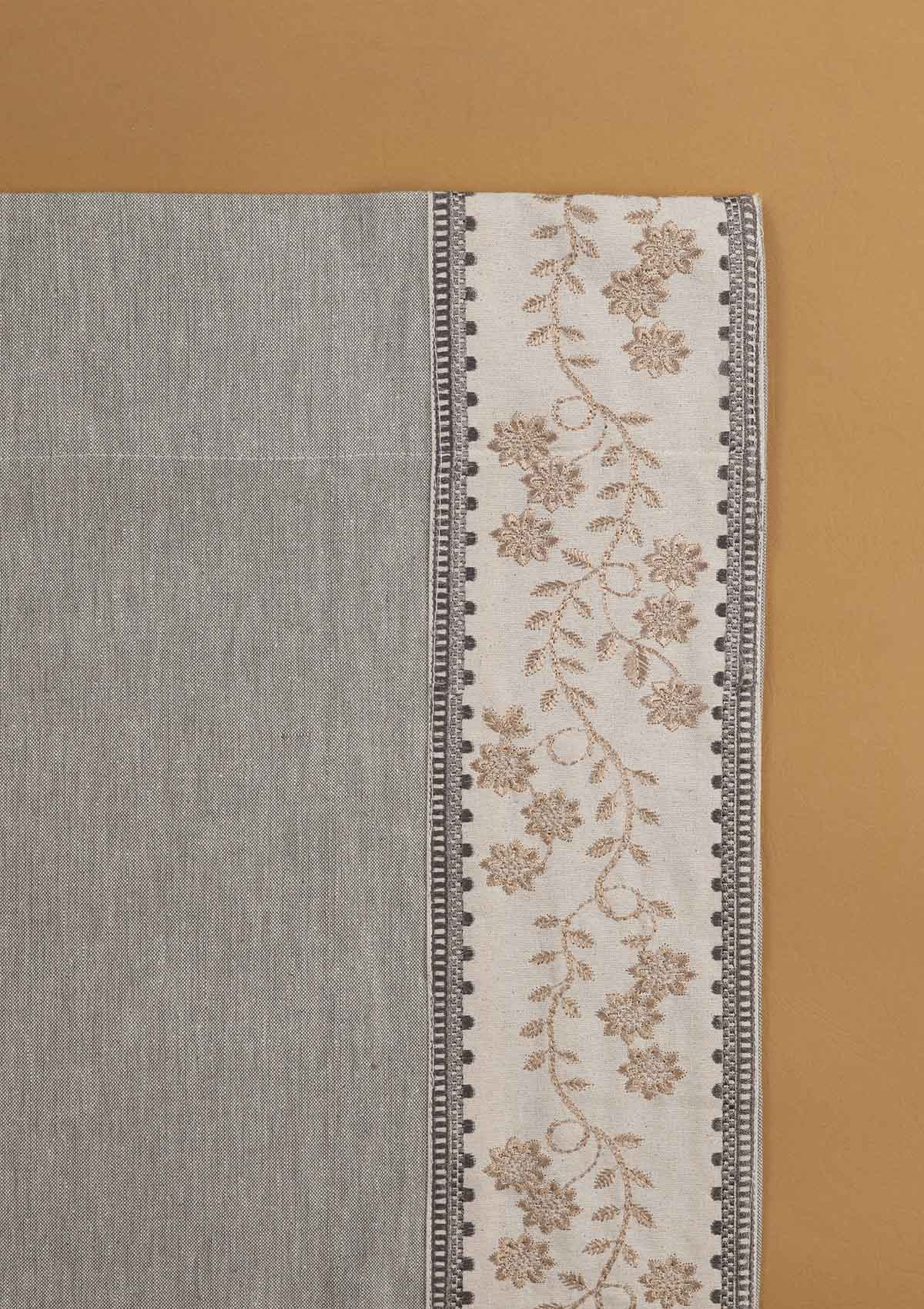 Mogra Elephant Grey & Brown Floral Linen Cotton Blend Embroidered Curtain For Livingroom / Bedroom | Room Darkening | Single Piece