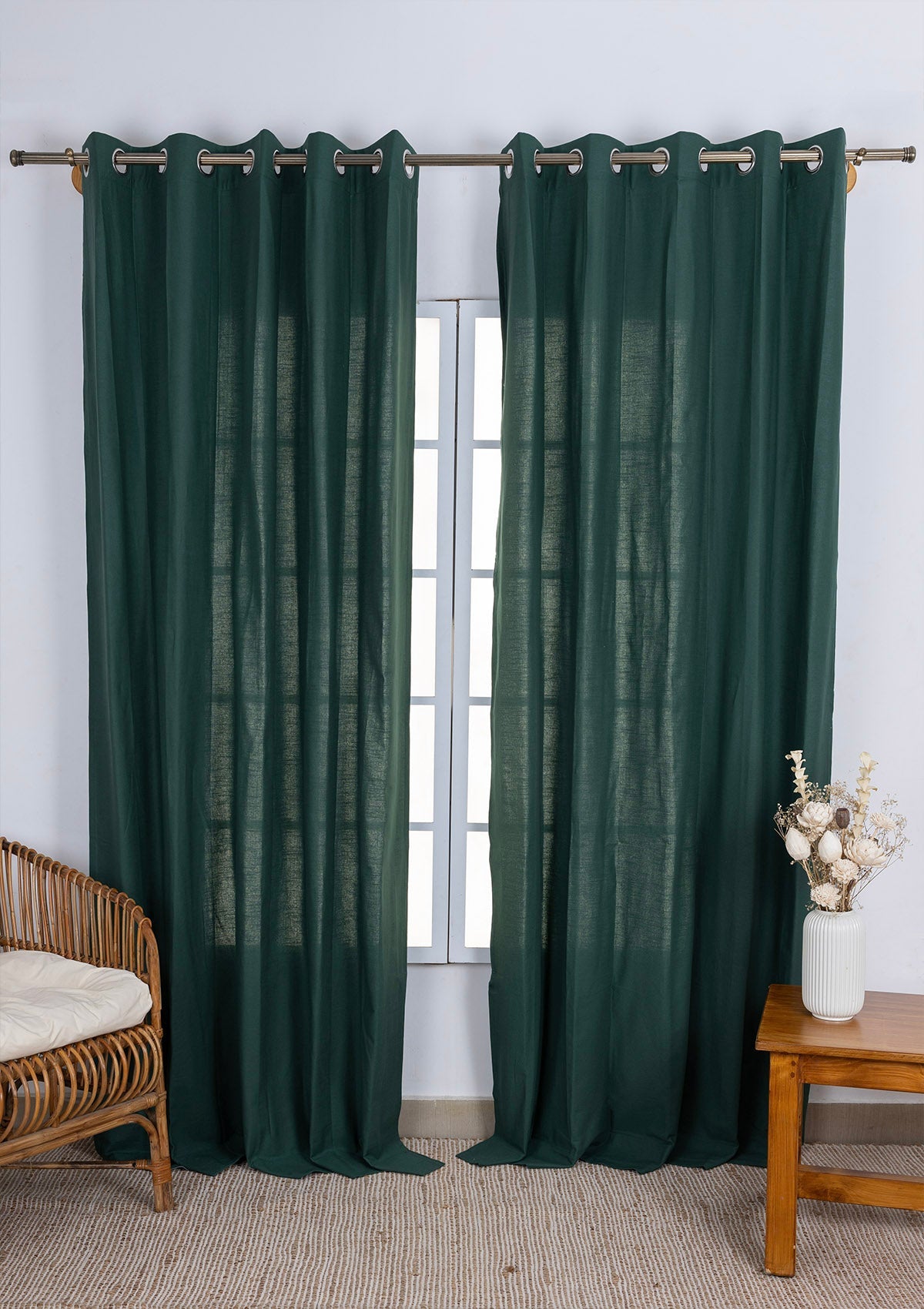 Solid Jade Green Room Darkening Curtain & Kalai Linen Printed Sheer - 100% Cotton for Living Room & Bedroom - Pack of 4