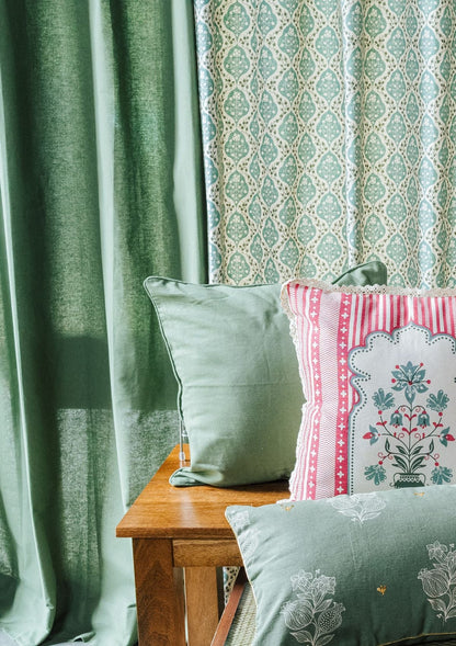 Mulbagal Geometric - Floral printed 100% Cotton Curtain for Living Room and Bedroom - Room Darkening - Sage Green - Single Piece