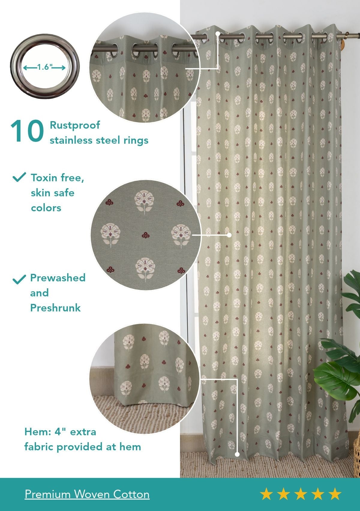 Gulnaar Green Ethnic 100% Cotton Printed Curtain For Livingroom / Bedroom | Room Darkening | Single Piece