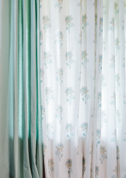Kamala Floral Printed 100% Cotton Curtain for Living Room and Bedroom -  Nile blue and Leaf Green - Single Piece