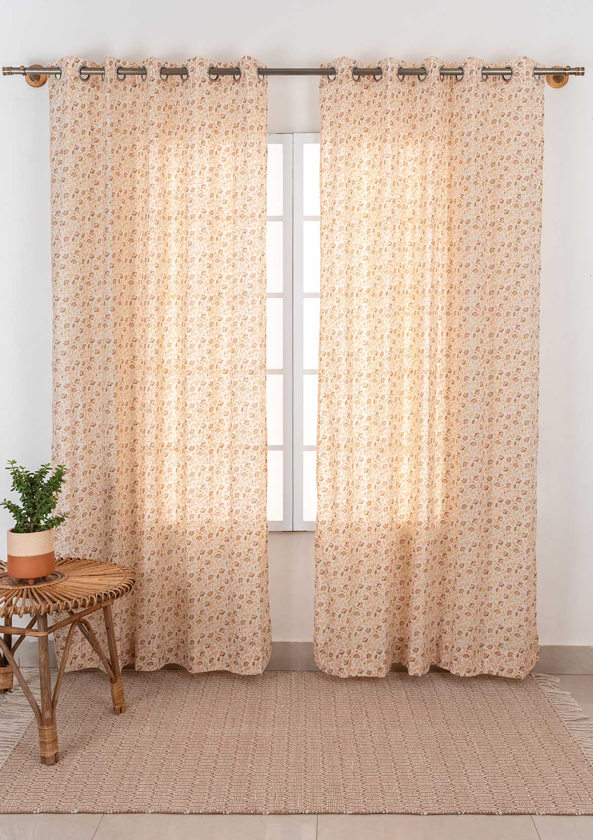 Calico 100% cotton ethnic sheer curtain for living room - Light filtering - Amber - Single Piece