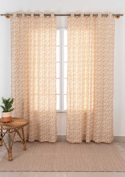 Calico 100% cotton ethnic sheer curtain for living room - Light filtering - Amber - Single Piece