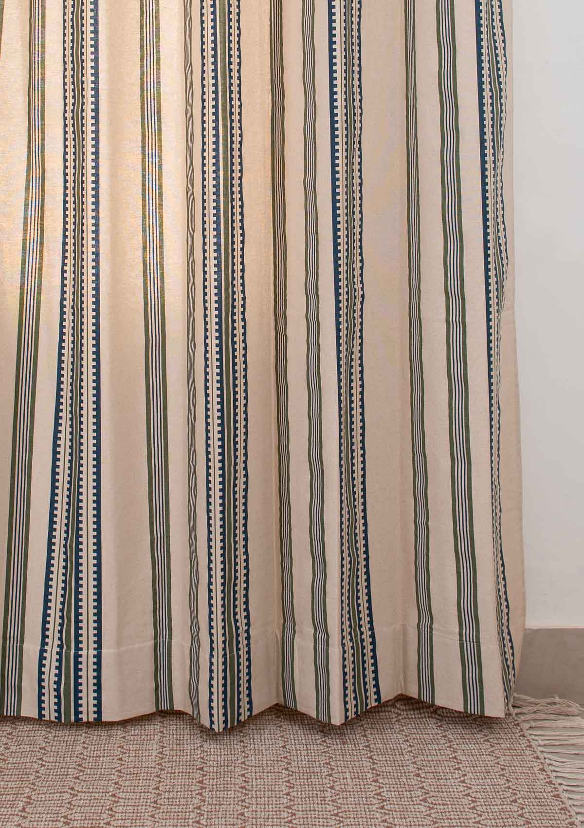 Roman Stripes 100% cotton geometric curtain for bed room - Room darkening - Pepper Green and Night Blue - Single Piece