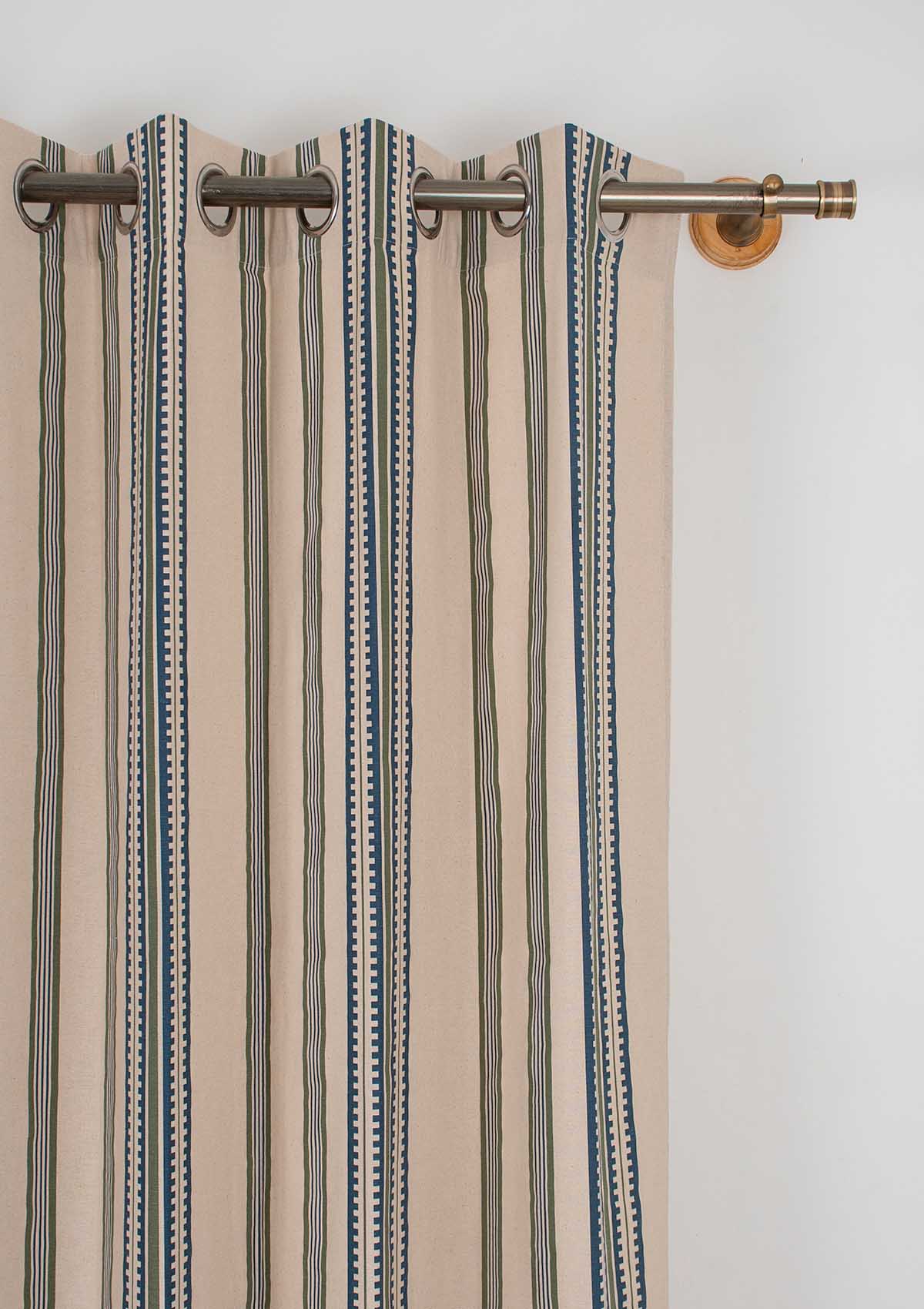 Roman Stripes 100% cotton geometric curtain for bed room - Room darkening - Pepper Green and Night Blue - Single Piece