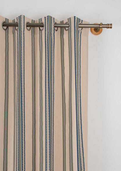 Roman Stripes 100% cotton geometric curtain for bed room - Room darkening - Pepper Green and Night Blue - Single Piece