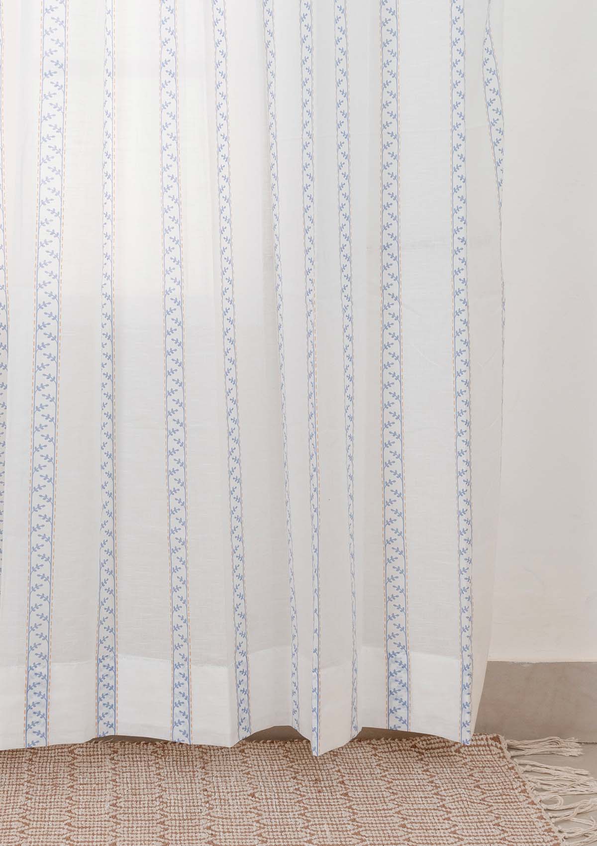 Oriental Stripes 100% Cotton Sheer Geometric curtain for Living room & bedroom - Light filtering - Powder Blue - Single Piece