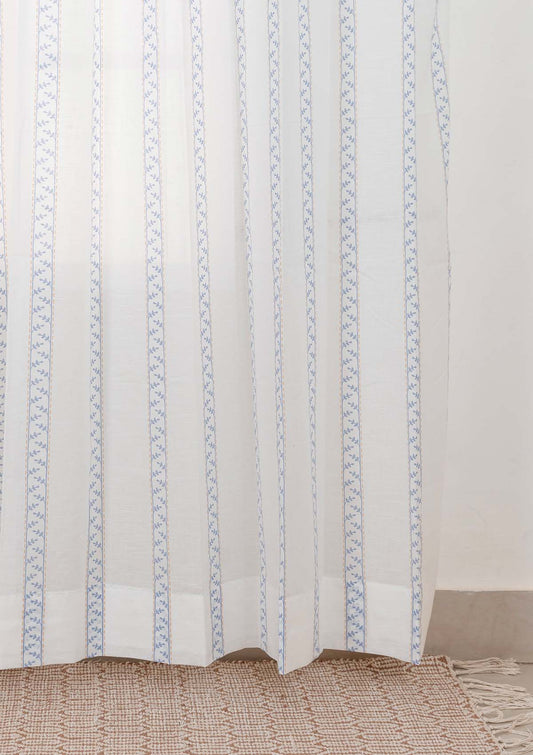 Oriental Stripes 100% Cotton Sheer Geometric curtain for Living room & bedroom - Light filtering - Powder Blue - Single Piece