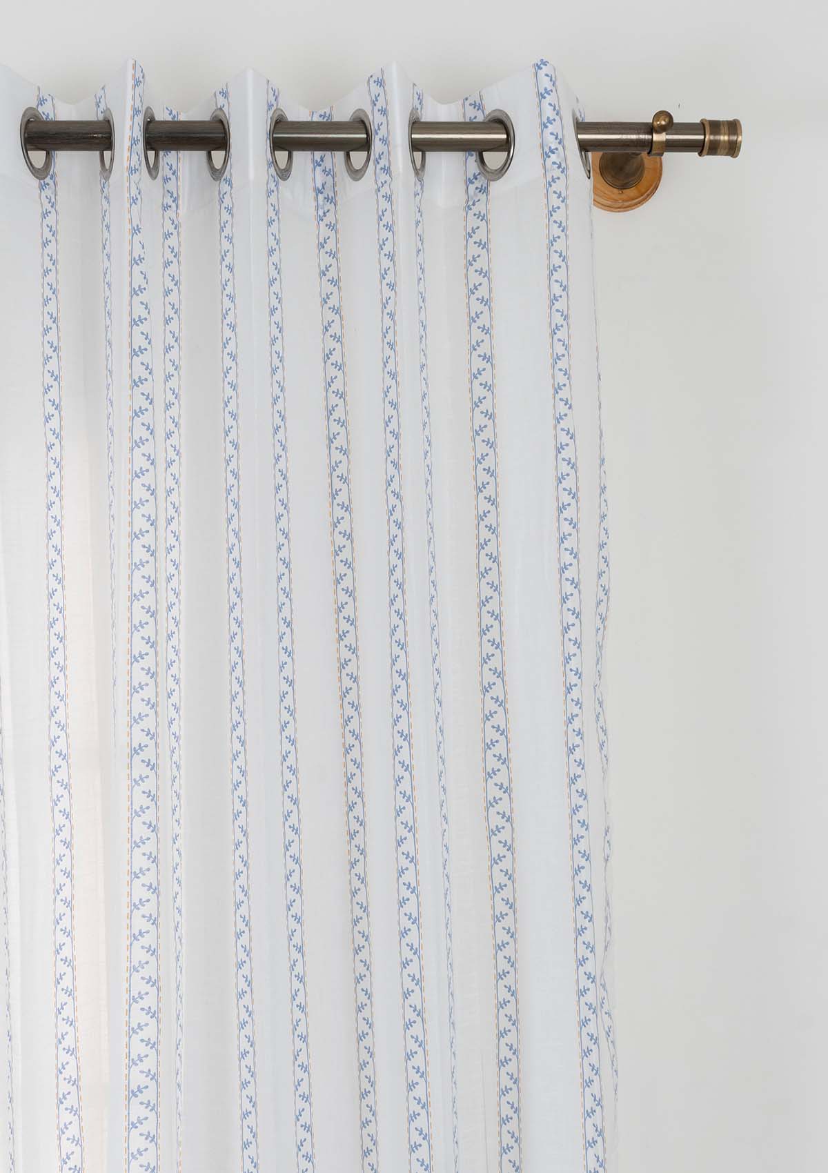 Oriental Stripes 100% Cotton Sheer Geometric curtain for Living room & bedroom - Light filtering - Powder Blue - Single Piece